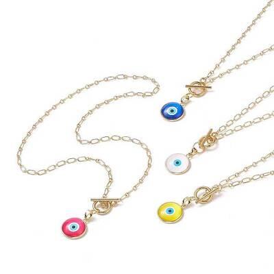Flat Round Glass Evil Eye Pendant Necklaces