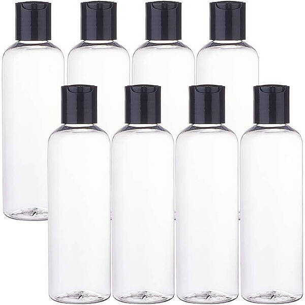 BENECREAT 8 Pack 5oz Large Clear Plastic Refillable Bottles Cosmetic Bottles with Black Press Caps for Shampoo