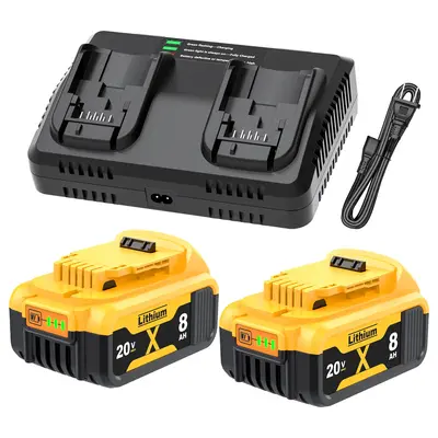 2Pack 8.0Ah Replacement for Dewalt 20V Lithium Battery with 20 Volt Dual Port Battery Charger DCB200 DCB201 DCB204 DCB206 DCB...