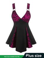 【Plus Size】 Patchwork Skull Pattern Contrast Lace O-ring A Line Dress, Punk Fashion Sleeveless V Neck Asymmetrical Dress ...