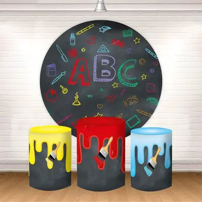Aperturee Blackboard Abc Colorful Pattern Round Backdrop Kit | Custom Curtain Party Backdrop | Custom Party Backdrop Wall | W...