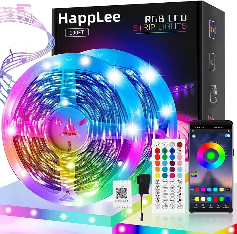 HappLee 100FT LED Strip Lights, Bluetooth Music Sync LED Lights Strip, RGB Color Changing LED Lights with Remote, Smart Pho...
