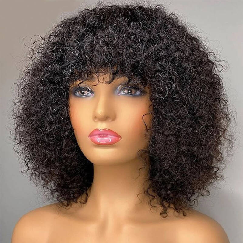 Bob Weave Wig with Bangs Short Kinky Curly Human Hair Fringe Wig Glueless