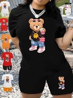 Two-piece Set Women's Cartoon Bear Print Short Sleeve T-shirt & Skinny Shorts Set, Round Neck Tee & Shorts for Summer, Lady O...