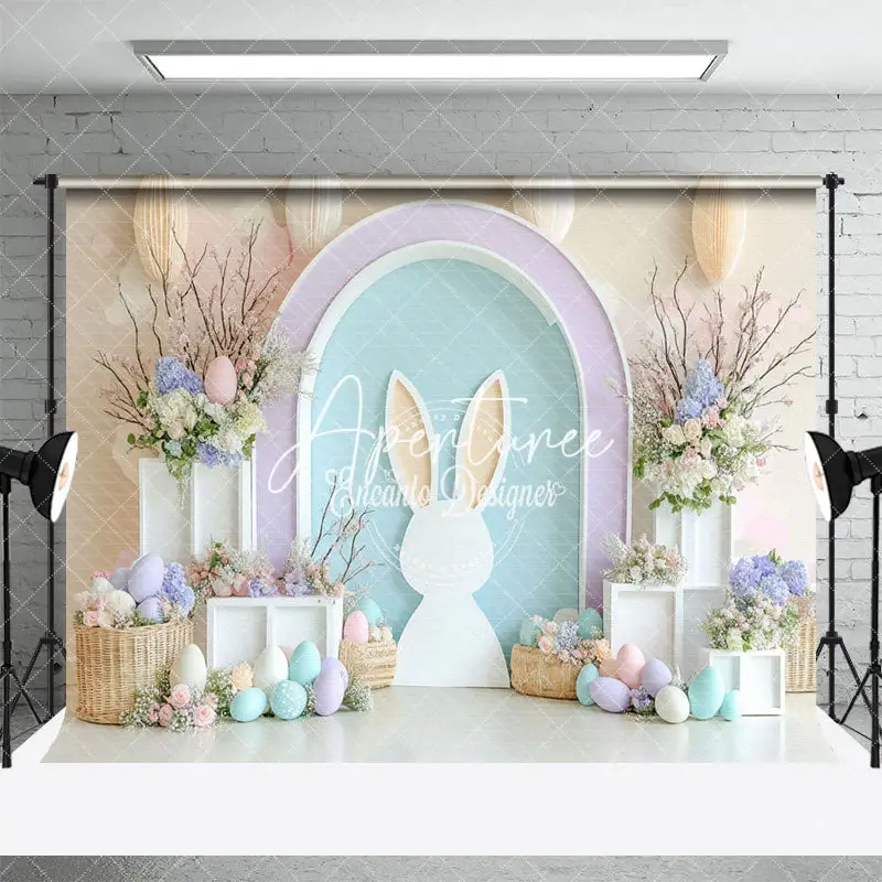 Aperturee Elegant Floral Arch Bunny Eggs Easter Photo Backdrop, 3X2FT(1MX0.6M), 14 USD, easter backdrops, ENHD2J83-M