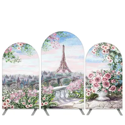 Aperturee Pink Floral And Tower Happy Birthday Arch Backdrop Kit | Round Arch Backdrop Cover | Custom Arched Wall Covers | Di...