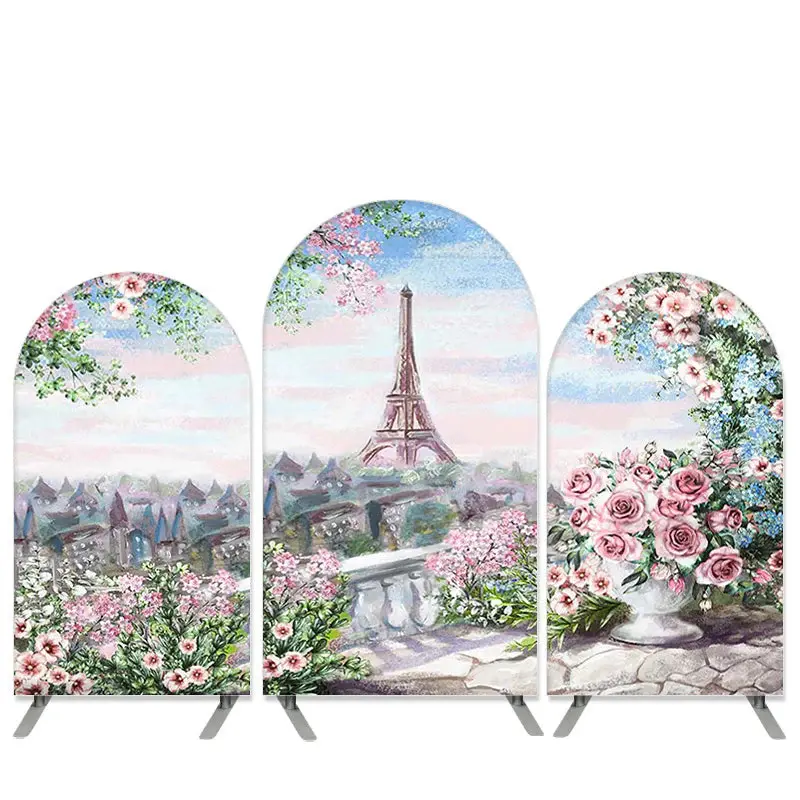 Aperturee Pink Floral And Tower Happy Birthday Arch Backdrop Kit | Round Arch Backdrop Cover | Custom Arched Wall Covers | Di...