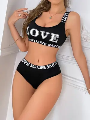 Women's Letter Tape Criss Cross Bra & Panty Underwear Set, Casual Push Up Bralette & Knicker, Summer Wear 2024, Strappy L...