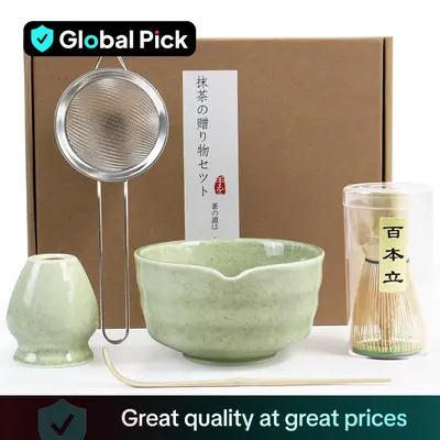 Matcha Tea Set, 1 Set Including Matcha Bowl with Spout, Matcha Stirrer and Stand, Bamboo Matcha Spoon and Stainless Steel Sie...