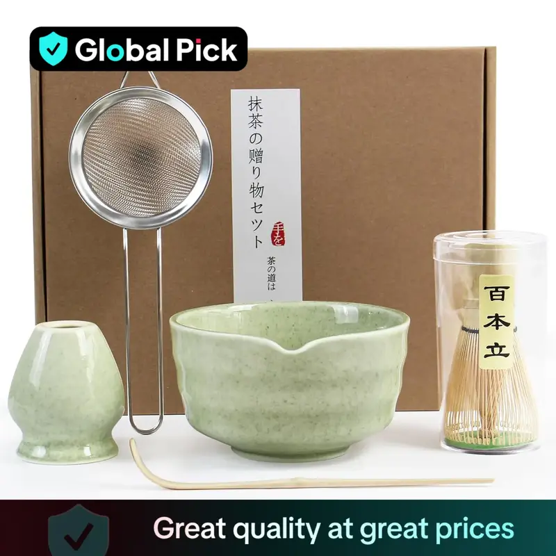 Matcha Tea Set, 1 Set Including Matcha Bowl with Spout, Matcha Stirrer and Stand, Bamboo Matcha Spoon and Stainless Steel Sie...