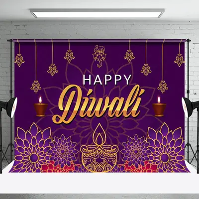 Purple Floral Gold Lights Happy Diwali Backdrop - Aperturee