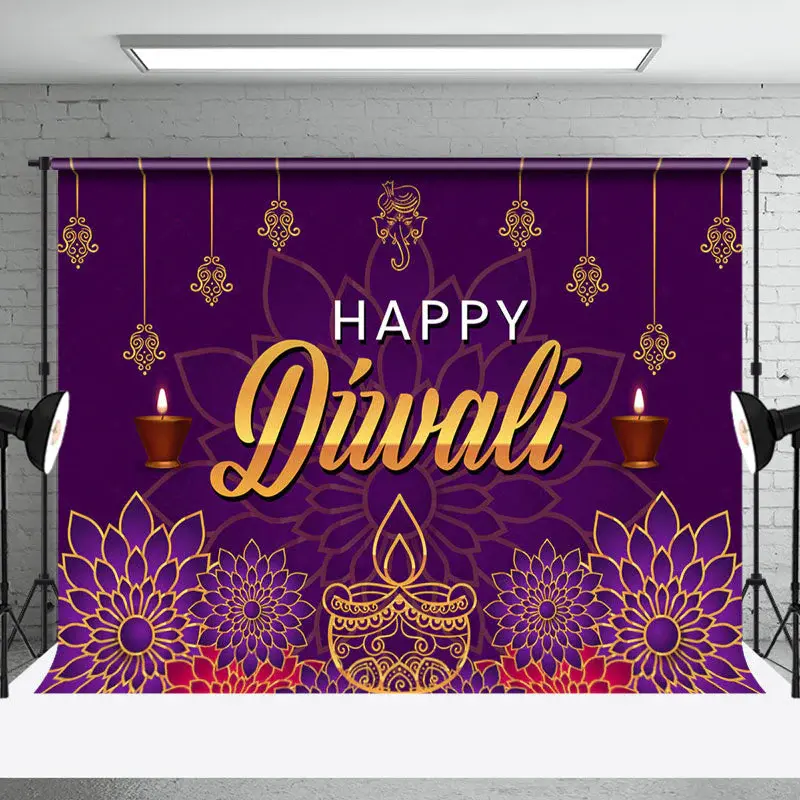 Purple Floral Gold Lights Happy Diwali Backdrop - Aperturee