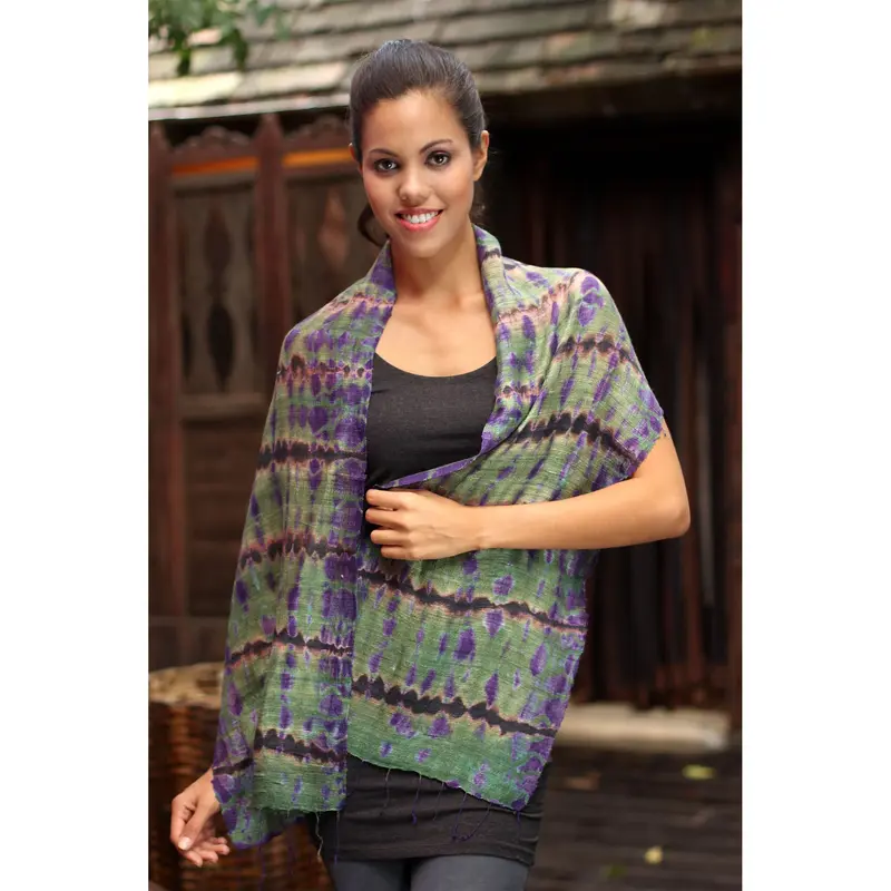 NOVICA Green Wilderness Multicolor Silk Scarf