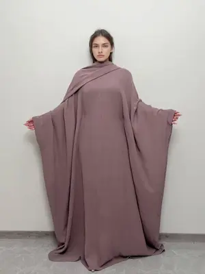 Women's Solid Batwing Sleeve Dress & Scarf Two-piece Set, Modest Style Long Sleeve Zipper Round Neck Dress & Hijabs Set, Wo...