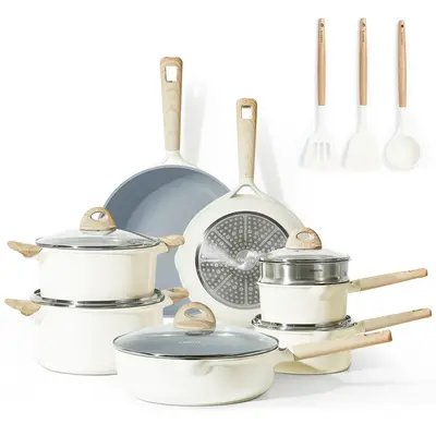 [Official] CAROTE Ceramic 16 Pieces Pans and Pots Set, Cream&Grey Nonstick Cookware Sets, Heat Distribution