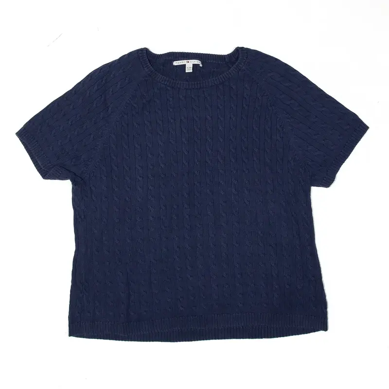 TOMMY HILFIGER Jumper Blue Cable Knit Short Sleeve Womens XL