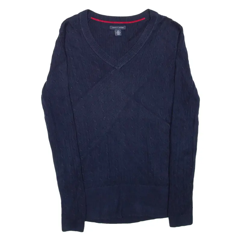 TOMMY HILFIGER Womens Jumper Blue V-Neck Cable Knit S
