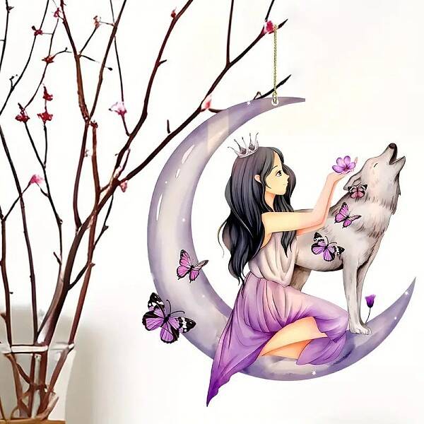 Moon with Wolf & Girl Acrylic Hanging Ornaments