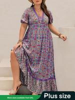 【plus Size】 Floral Print Short Sleeve Dress, Boho Fashion Casual Dress for Beach Holiday Vacation, Women's Plus Clothing ...