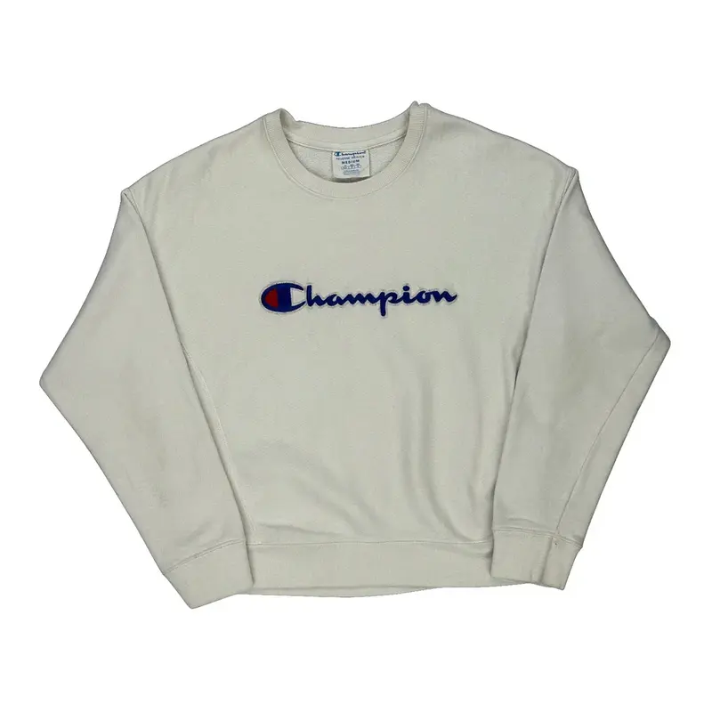 Reverse Weave Champion Spellout Sweatshirt - Medium White Cotton Blend