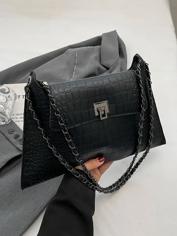 Women's Summer Punk Goth Rivet Decor Shoulder Bag, Fashionable Solid Color Underarm Bag for Daily Used, Casual Trendy Versat...