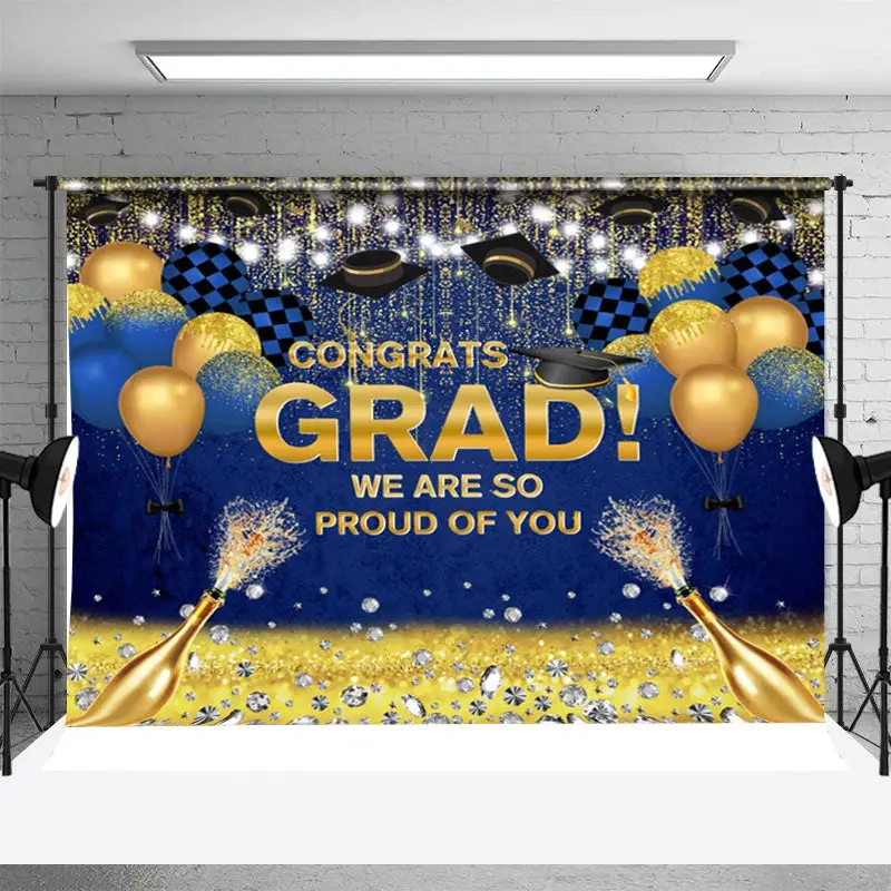 Blue Golden Diamond Champagne Graduation Backdrop - Aperturee