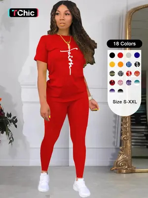 Two-Piece Set Women's Solid Pants Set, Casual Short Sleeve T-Shirt & Skinny Pants, Fashion Summer Clothes for Outdoor, Summ...