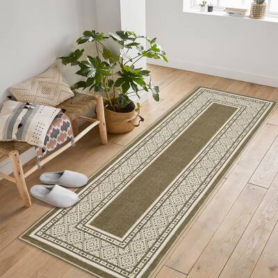 Garvee Modern Neutral Bordered Runner Rugs, Brown 2'X6' Soft Washable Non Slip Solid Geometric Long Throw Carpet for Living R...