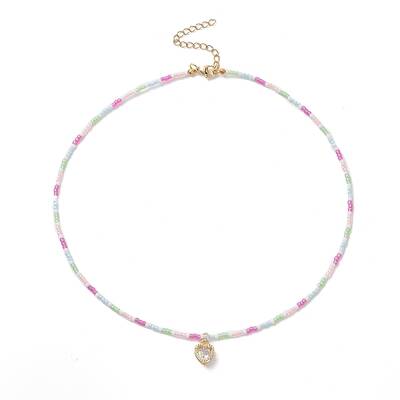 Alloy Cubic Zirconia Heart Pendant Necklace with Glass Seed Beaded Chains for Women