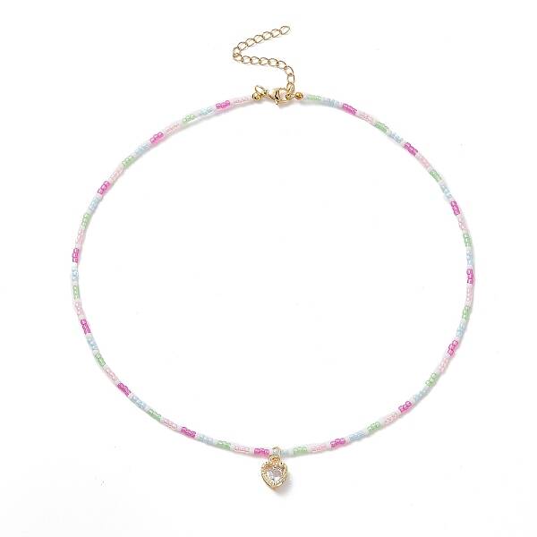 Alloy Cubic Zirconia Heart Pendant Necklace with Glass Seed Beaded Chains for Women