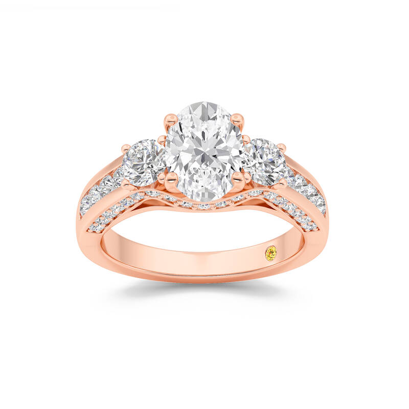 Aarhus Pavé Set Hidden Accent Three Stone Oval Lab Grown Cathedral Diamond Engagement Ring | 18K Rose Gold 3 3/4 CT. TW.