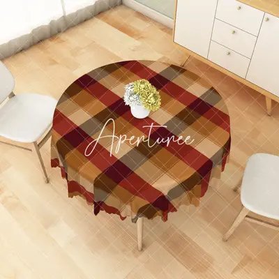 Aperturee Vibrant Red Brown Beige Checker Pattern Tablecloth, Dia 4 ft / 1.2 m, 26.22 USD, round tablecloths, ZJY04624-B