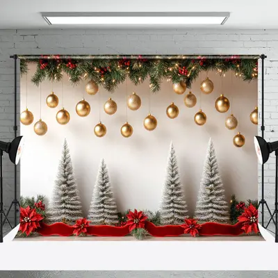 Snowy Christmas Tree Gold Xmas Photography Backdrop - Aperturee
