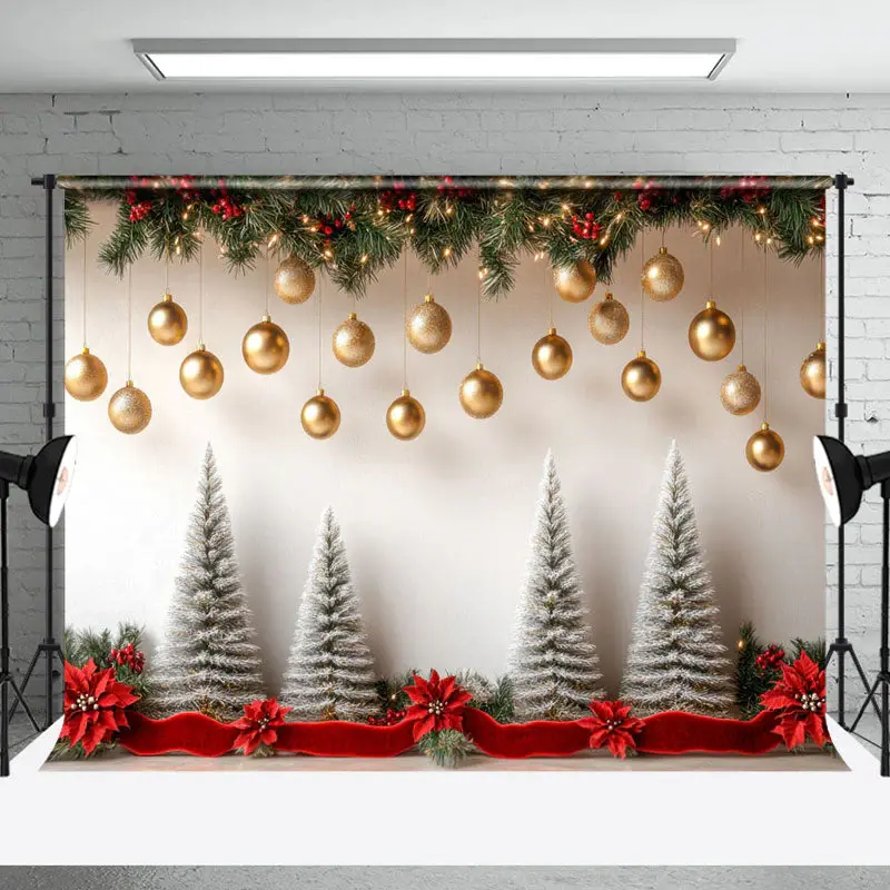 Snowy Christmas Tree Gold Xmas Photography Backdrop - Aperturee