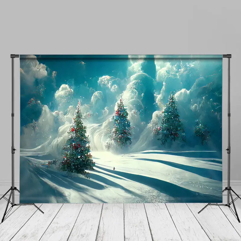 Blue Abstract Painting Sky Trees Christmas Backdrop - Aperturee