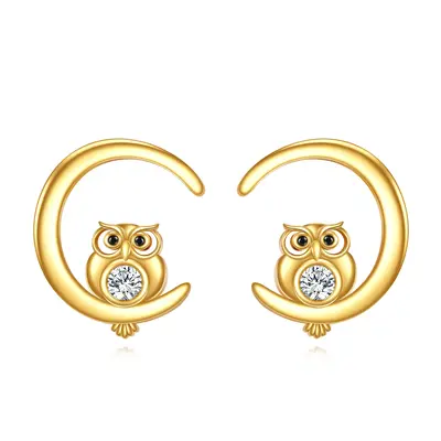 14K Gold Cubic Zirconia Owl Stud Earrings