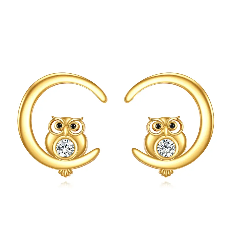 14K Gold Cubic Zirconia Owl Stud Earrings