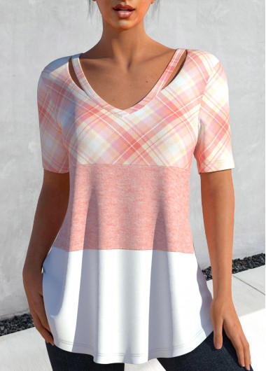 Modlily Light Pink Cut Out Plaid T Shirt - L