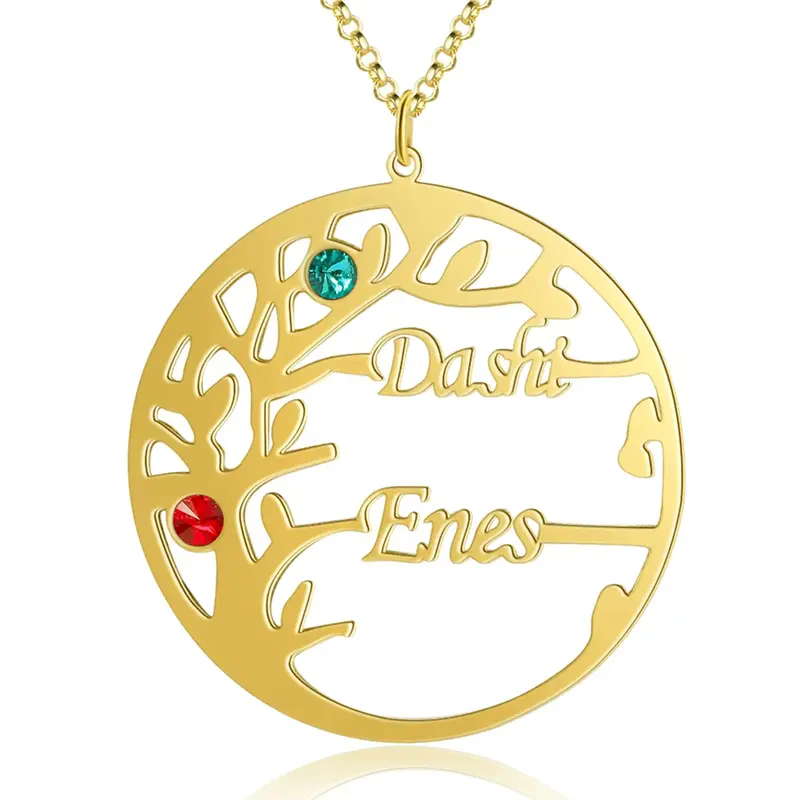 10K Gold Cubic Zirconia Personalized Birthstone & Classic Name Tree Of Life Pendant Necklace For Women