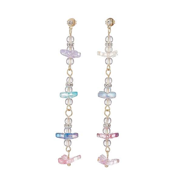 Natural Quartz Crystal & Glass Butterfly Beaded Dangle Stud Earrings
