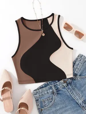 Women's Colorblock Ribbed Crop Tank Top, Summer Outfits 2024, Casual Sleeveless Round Neck Crop Top for Daily Wear, Ladies Cl...