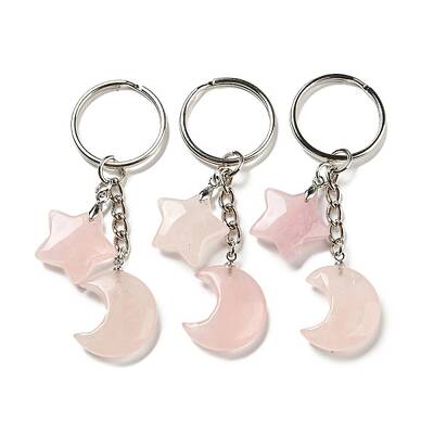 Reiki Natural Rose Quartz Moon & Star Pendant Keychains