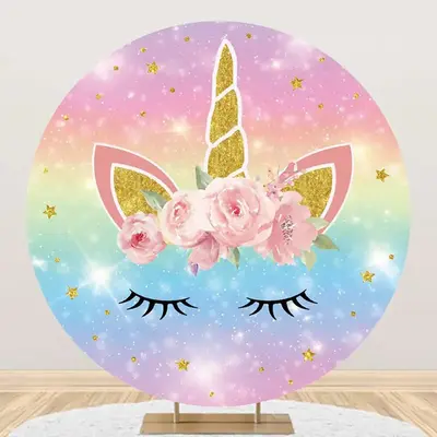 Rainbow Unicorn Pink Floral Round Birthday Backdrop - Aperturee