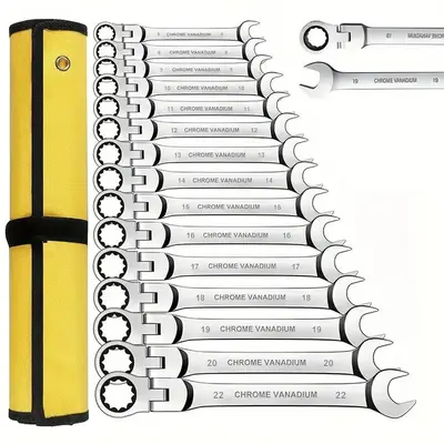 Chrome Vanadium Ratchet Wrench Set, Adjustable Flex Head & Dual-Ended Design Socket Key Tool Kit for Car Repair/Machinery/Hom...