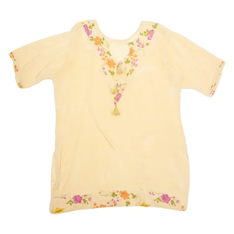 Tunic Womens Printed Blouse Beige V-Neck Floral XL