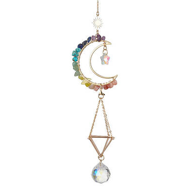 Wire Wrapped Gemstone Chip & Brass Moon Pendant Decoration