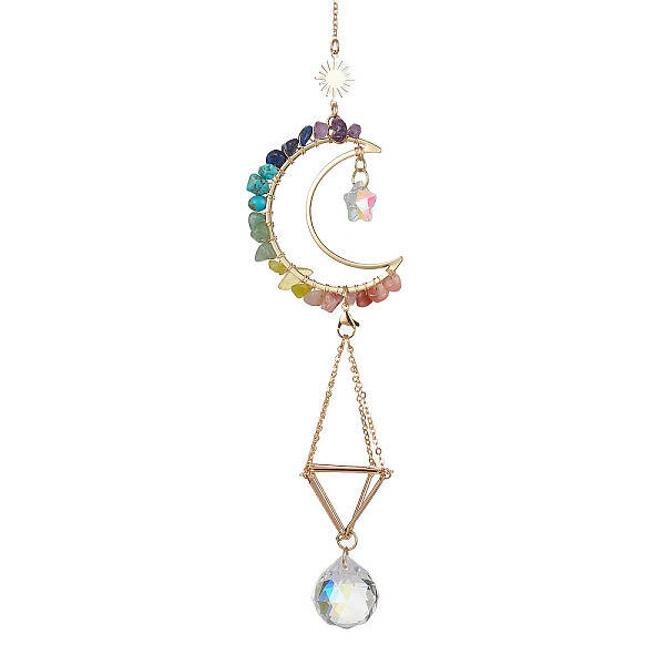 Wire Wrapped Gemstone Chip & Brass Moon Pendant Decoration