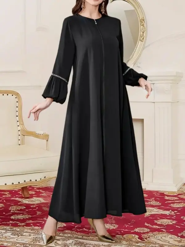 Women's Solid Color Long Sleeve Aranbian Dress, Modest Casual Round Neck Maxi Abaya Dress for Daily Wear, Ladies Islamic Clot...