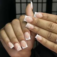 French-style decorative nail stickers with long white borders and simple heart designs, 24 pieces for manicure.