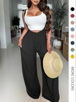 Women's Drawstring Tie Back Wide Leg Pocket Suspender Pants without Tank Top, Casual Loose Fit Jumpsuit for Summer, Pants fo...